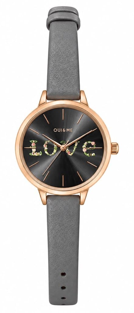 Orologio Donna Oui & Me in oro rosa con quadrante nero Love e cinturino in pelle grigia