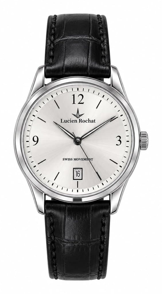 Orologio Uomo Lucien Rochat con quadrante bianco, datario e cinturino in pelle nera