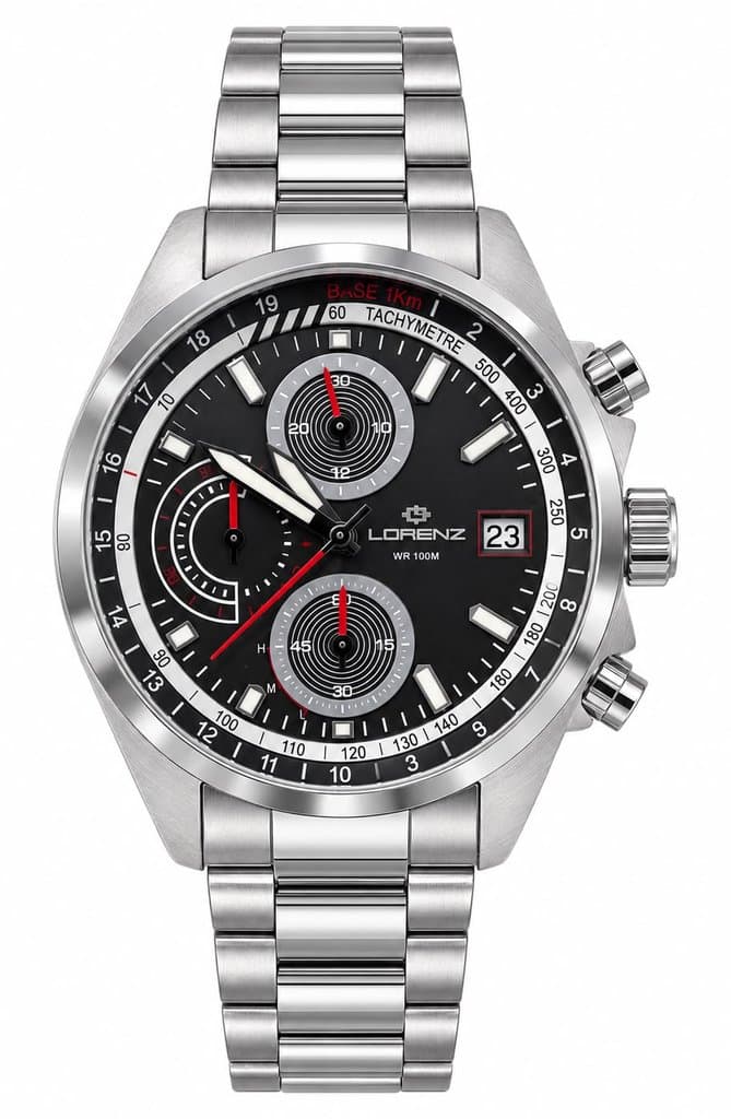 Orologio Uomo Lorenz cronografo con quadrante nero e bracciale in acciaio